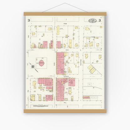 Old map wall art mockup — magnetic wood frame on white wall — Sanborn Fire Insurance Map from Caldwell, Burleson County, Texas (1925), Sheet #0003
