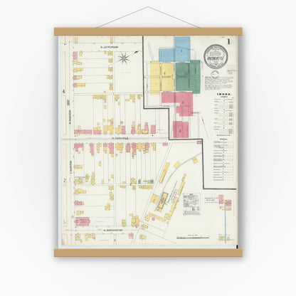 Old map wall art mockup — magnetic wood frame on white wall — Sanborn Fire Insurance Map from Greencastle, Franklin County, Pennsylvania (1902), Sheet #0001
