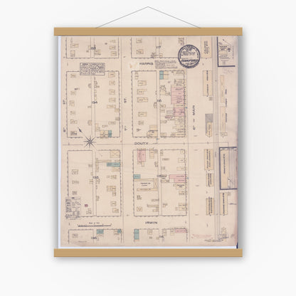 Old map wall art mockup — magnetic wood frame on white wall — Sanborn Fire Insurance Map from Hanford, Kings County, California (1885), Sheet #0001