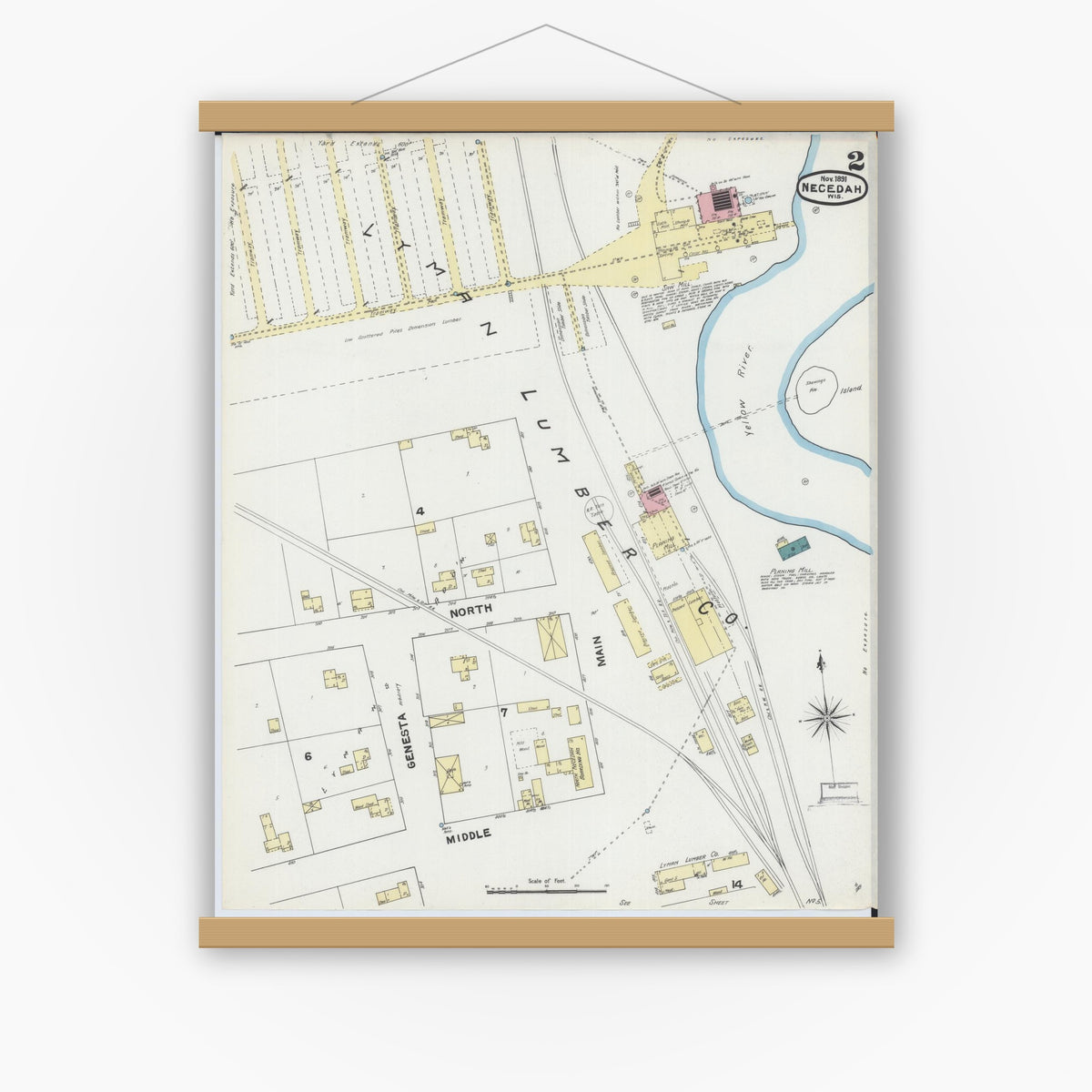 Old map wall art mockup — magnetic wood frame on white wall — Sanborn Fire Insurance Map from Necedah, Juneau County, Wisconsin (1891), Sheet #0002