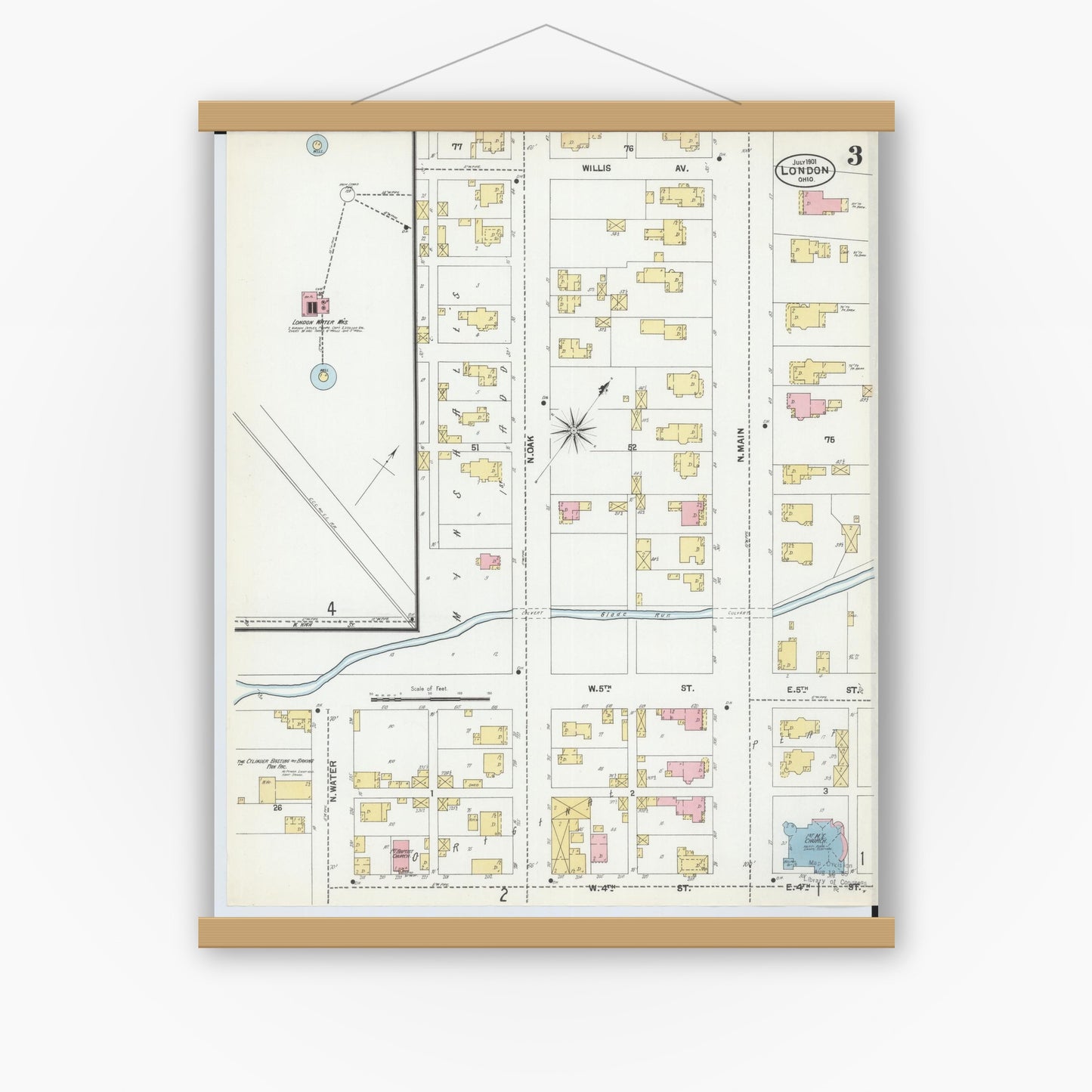 Old map wall art mockup — magnetic wood frame on white wall — Sanborn Fire Insurance Map from London, Madison County, Ohio (1901), Sheet #0003