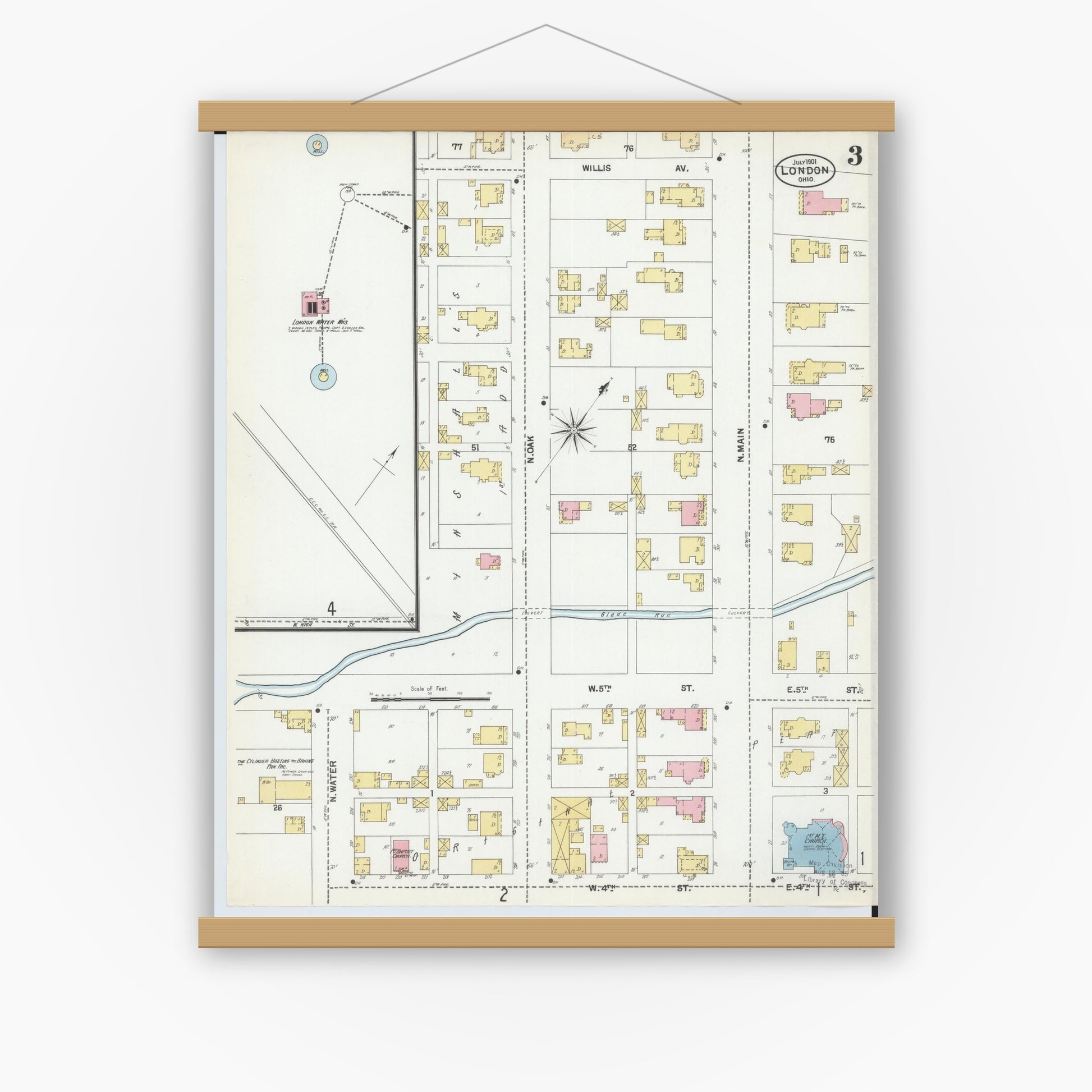 Old map wall art mockup — magnetic wood frame on white wall — Sanborn Fire Insurance Map from London, Madison County, Ohio (1901), Sheet #0003