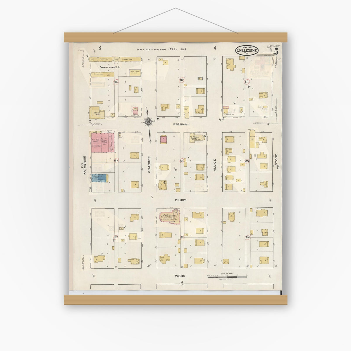 Old map wall art mockup — magnetic wood frame on white wall — Sanborn Fire Insurance Map from Chillicothe, Hardeman County, Texas (1941), Sheet #0005