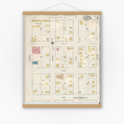 Old map wall art mockup — magnetic wood frame on white wall — Sanborn Fire Insurance Map from Chillicothe, Hardeman County, Texas (1941), Sheet #0005