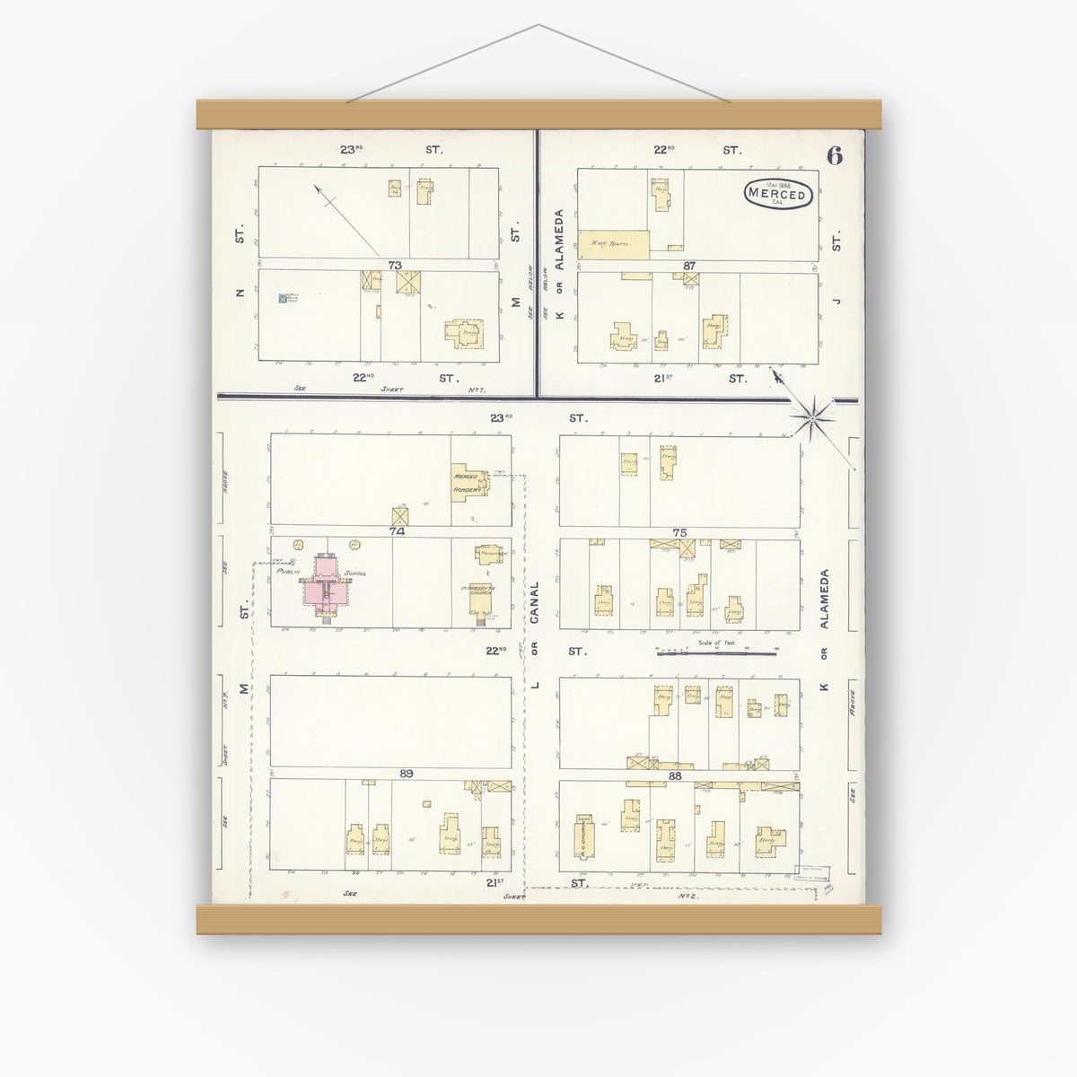 Old map wall art mockup — magnetic wood frame on white wall — Sanborn Fire Insurance Map from Merced, Merced County, California (1888), Sheet #0006