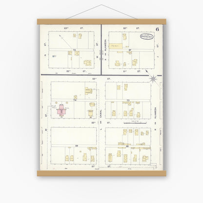 Old map wall art mockup — magnetic wood frame on white wall — Sanborn Fire Insurance Map from Merced, Merced County, California (1888), Sheet #0006