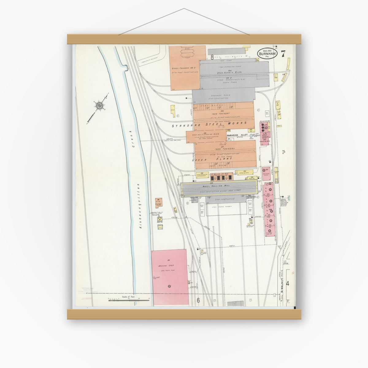 Old map wall art mockup — magnetic wood frame on white wall — Sanborn Fire Insurance Map from Burnham, Mifflin County, Pennsylvania (1910), Sheet #0007