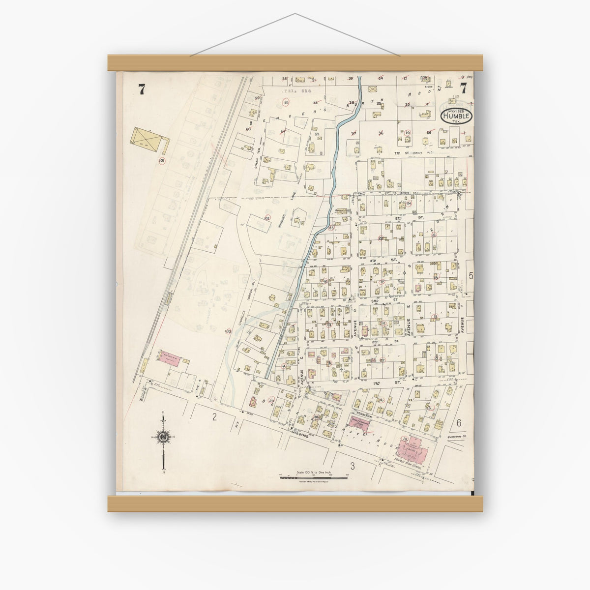 Old map wall art mockup — magnetic wood frame on white wall — Sanborn Fire Insurance Map from Humble, Harris County, Texas (1940), Sheet #0007