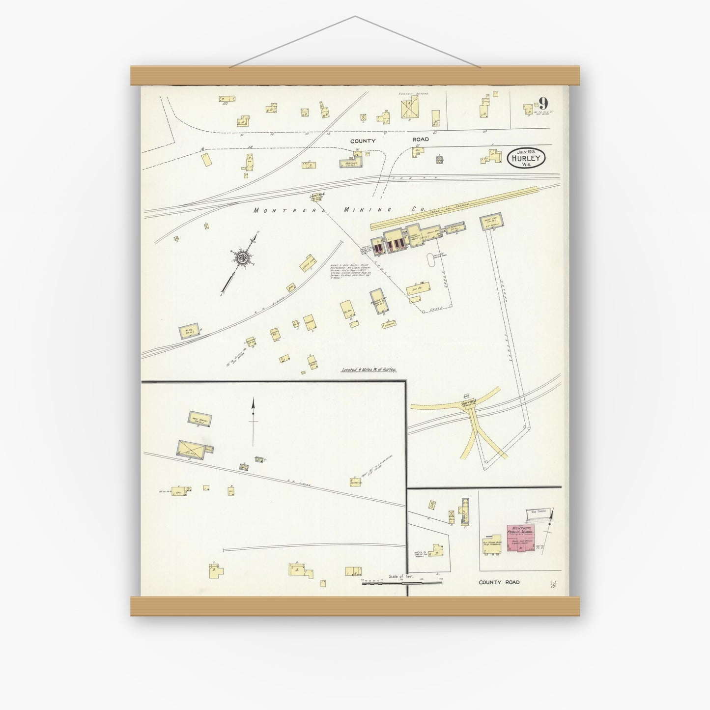 Old map wall art mockup — magnetic wood frame on white wall — Sanborn Fire Insurance Map from Hurley, Iron County, Wisconsin (1913), Sheet #0009