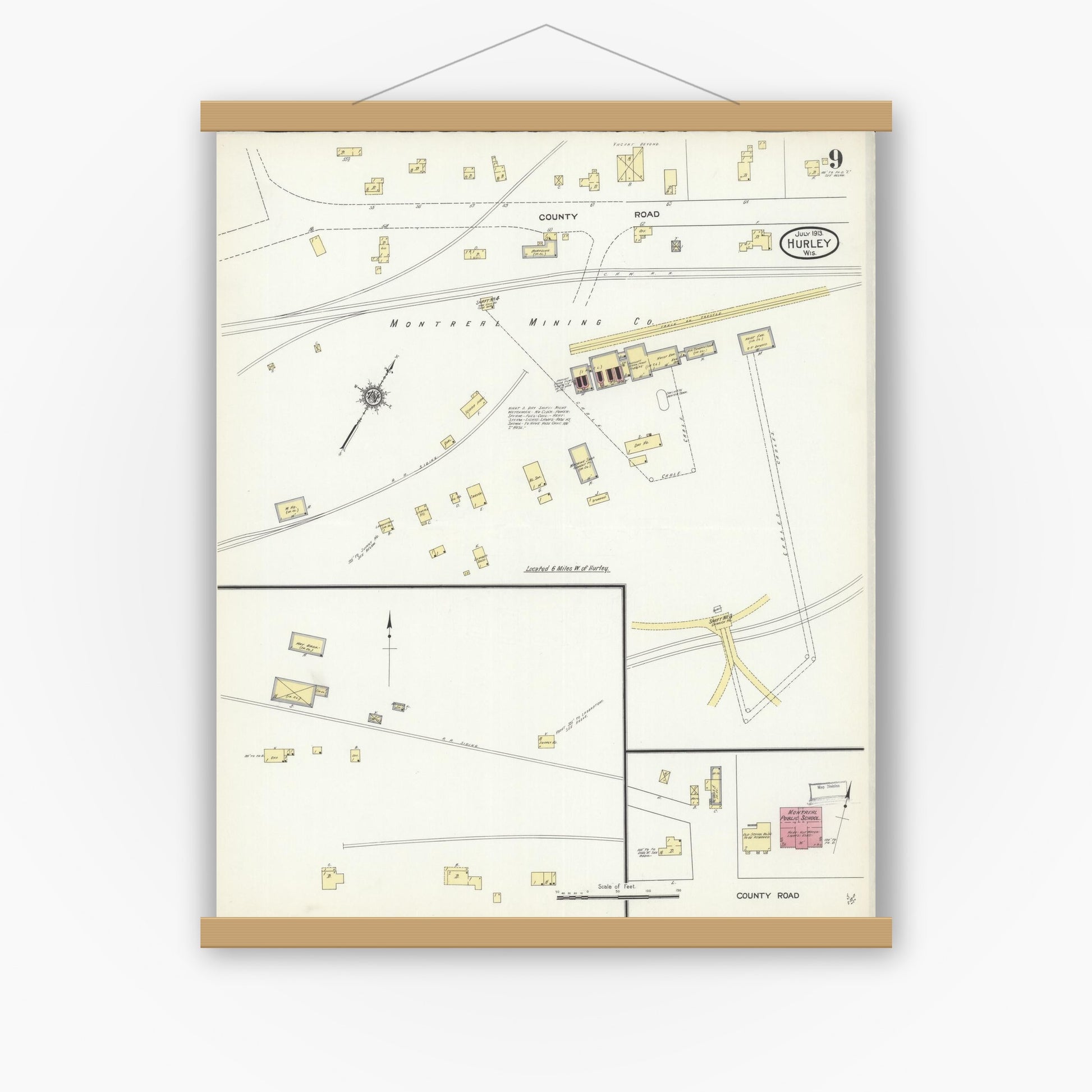 Old map wall art mockup — magnetic wood frame on white wall — Sanborn Fire Insurance Map from Hurley, Iron County, Wisconsin (1913), Sheet #0009