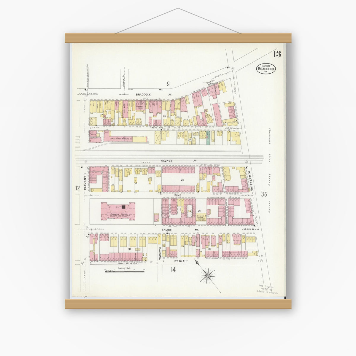Old map wall art mockup — magnetic wood frame on white wall — Sanborn Fire Insurance Map from Braddock, Allegheny County, Pennsylvania (1908), Sheet #0013