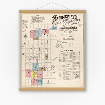 Old map wall art mockup — magnetic wood frame on white wall — Sanborn Fire Insurance Map from Springfield, Greene County, Missouri (1886), Sheet #0001