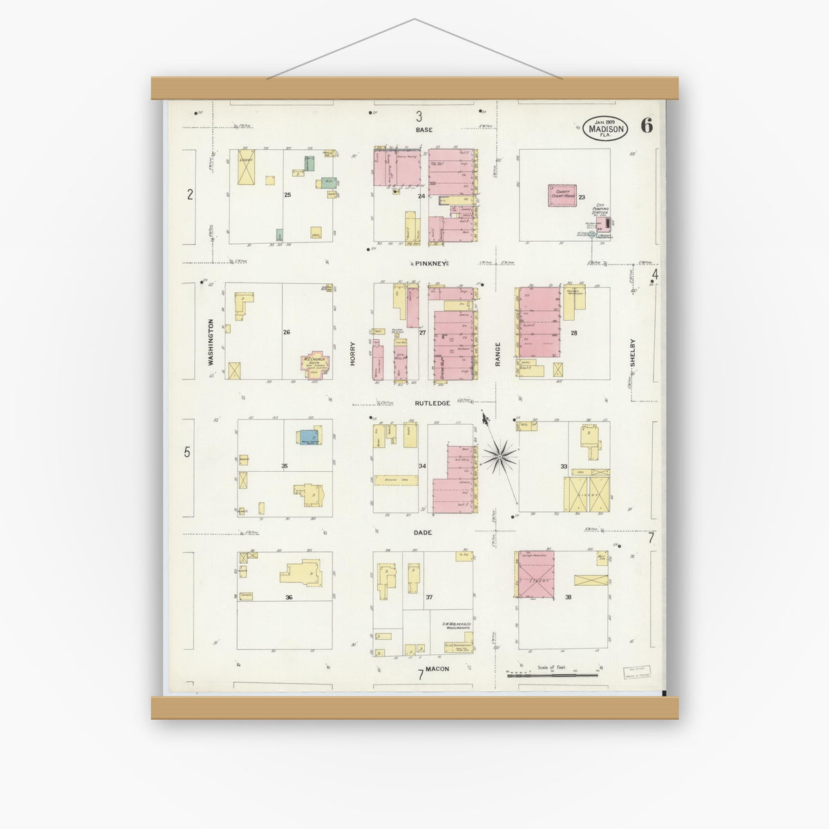 Old map wall art mockup — magnetic wood frame on white wall — Sanborn Fire Insurance Map from Madison, Madison County, Florida (1909), Sheet #0006