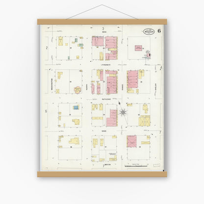 Old map wall art mockup — magnetic wood frame on white wall — Sanborn Fire Insurance Map from Madison, Madison County, Florida (1909), Sheet #0006