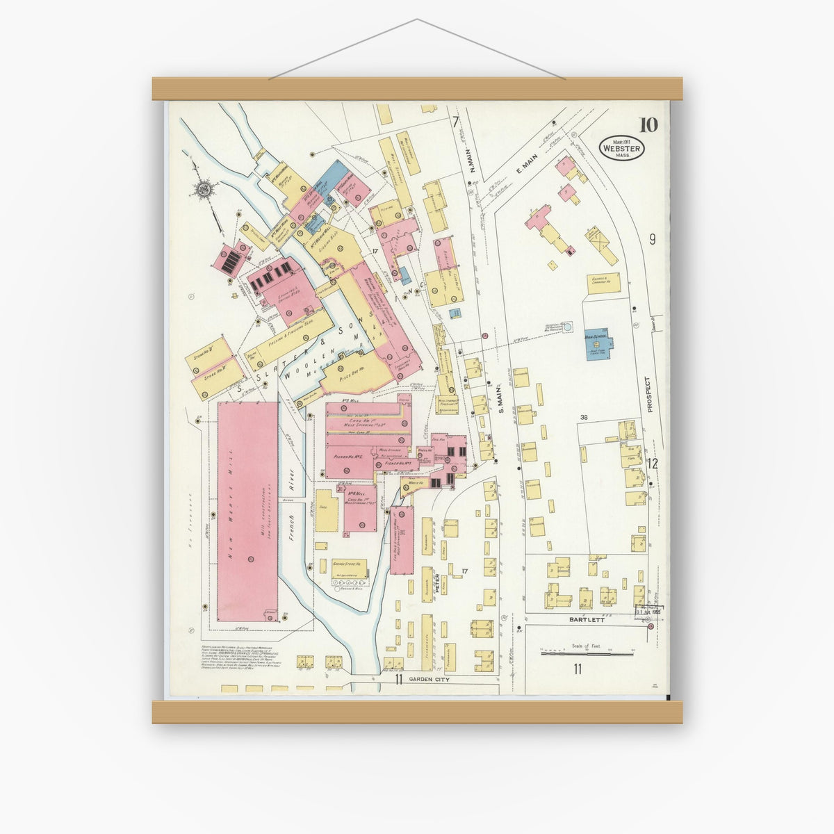 Old map wall art mockup — magnetic wood frame on white wall — Sanborn Fire Insurance Map from Webster, Worcester County, Massachusetts (1911), Sheet #0010