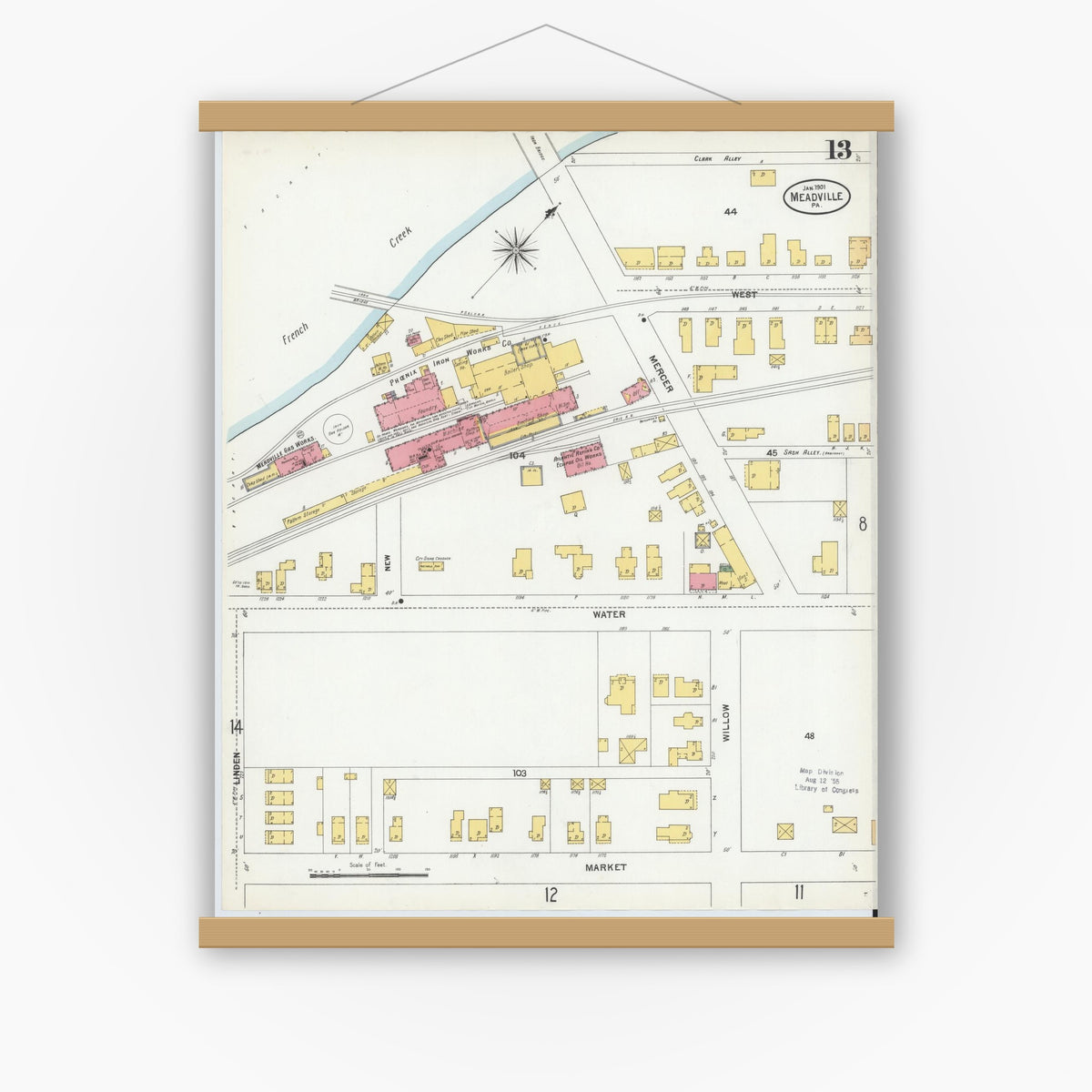 Old map wall art mockup — magnetic wood frame on white wall — Sanborn Fire Insurance Map from Meadville, Crawford County, Pennsylvania (1901), Sheet #0013