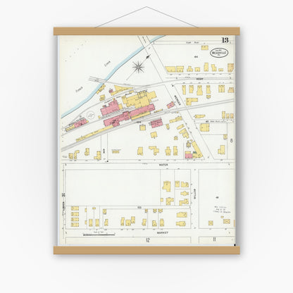 Old map wall art mockup — magnetic wood frame on white wall — Sanborn Fire Insurance Map from Meadville, Crawford County, Pennsylvania (1901), Sheet #0013