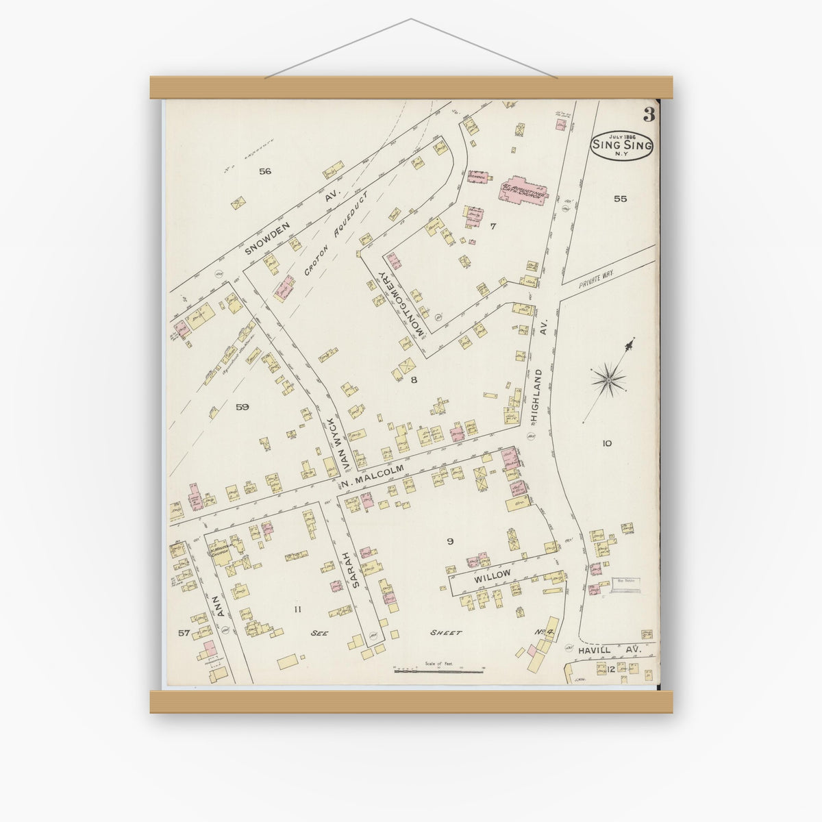 Old map wall art mockup — magnetic wood frame on white wall — Sanborn Fire Insurance Map from Sing Sing, Westchester County, New York (1886), Sheet #0003