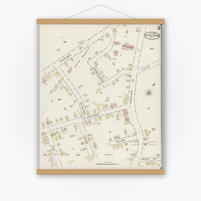 Old map wall art mockup — magnetic wood frame on white wall — Sanborn Fire Insurance Map from Sing Sing, Westchester County, New York (1886), Sheet #0003