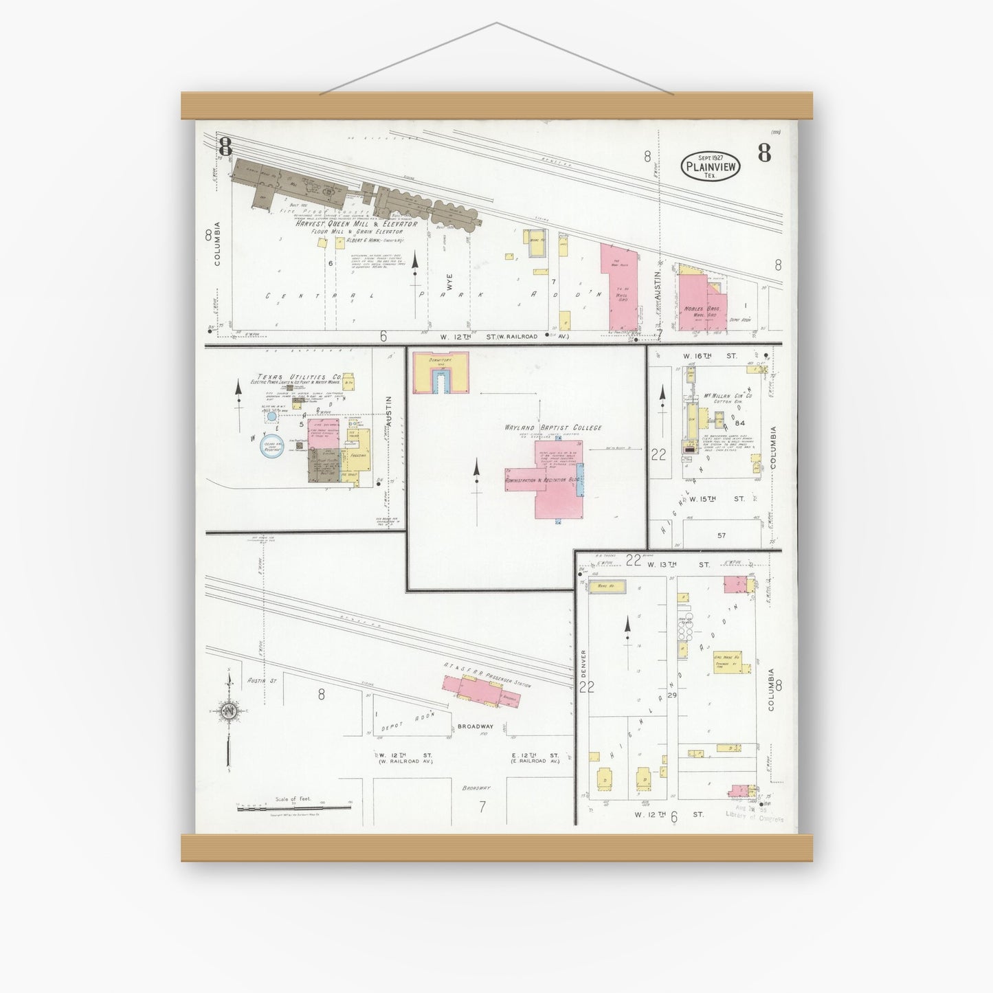 Old map wall art mockup — magnetic wood frame on white wall — Sanborn Fire Insurance Map from Plainview, Hale County, Texas (1927), Sheet #0008