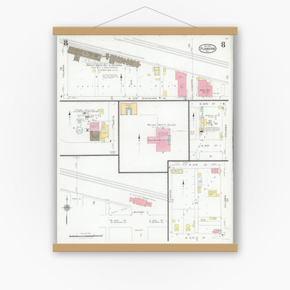 Old map wall art mockup — magnetic wood frame on white wall — Sanborn Fire Insurance Map from Plainview, Hale County, Texas (1927), Sheet #0008