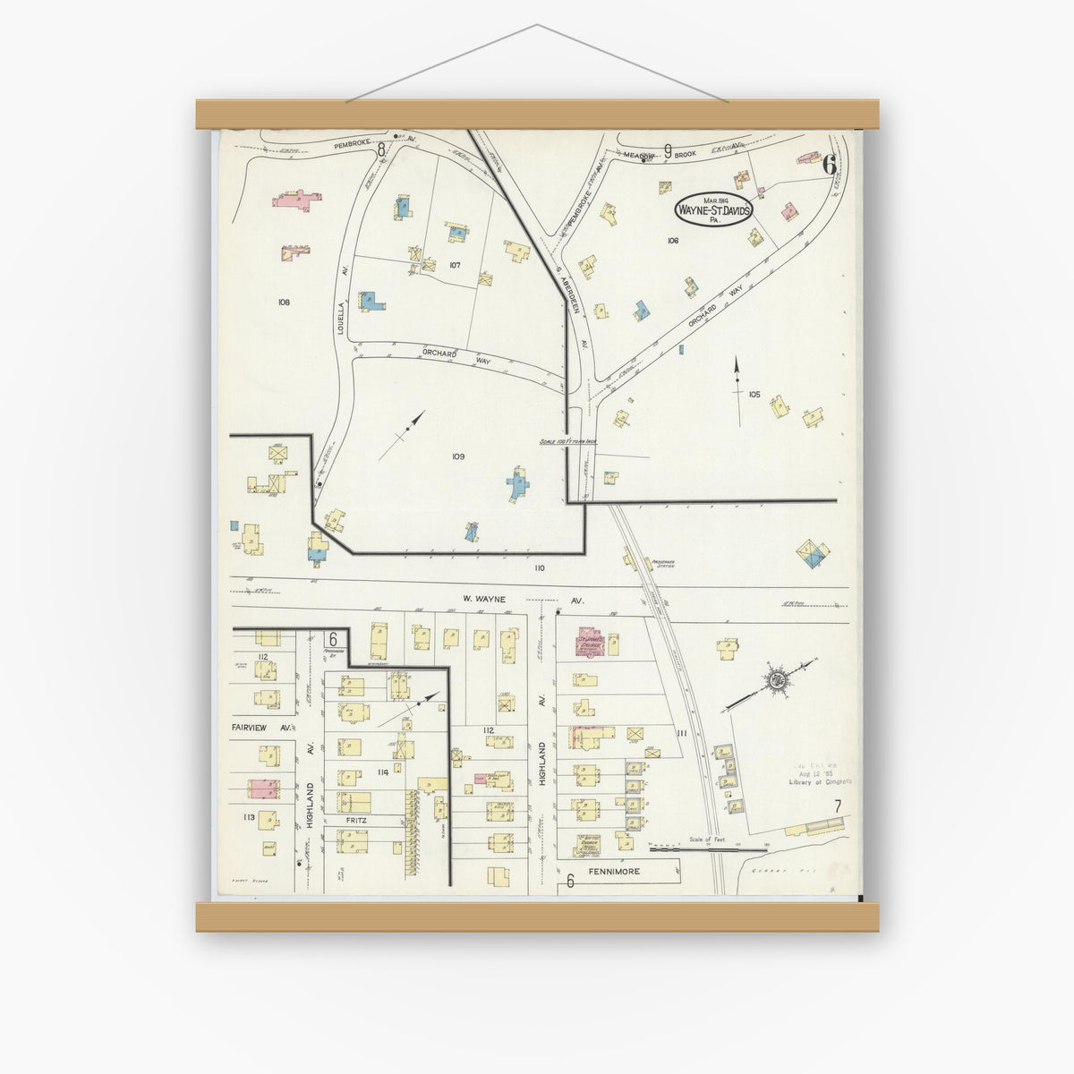 Old map wall art mockup — magnetic wood frame on white wall — Sanborn Fire Insurance Map from Wayne, Delaware County, Pennsylvania (1914), Sheet #0006