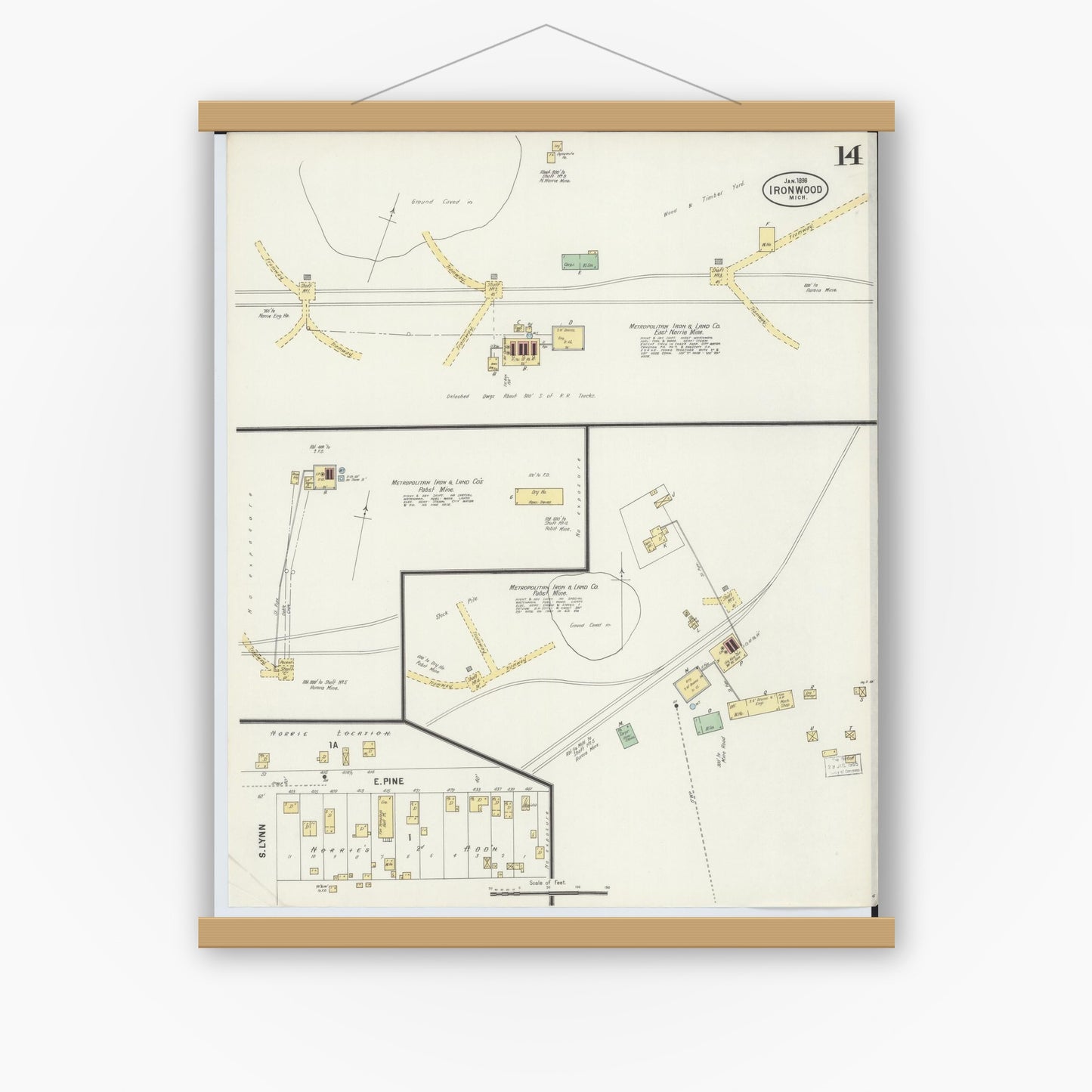 Old map wall art mockup — magnetic wood frame on white wall — Sanborn Fire Insurance Map from Ironwood, Gogebic County, Michigan (1898), Sheet #0014