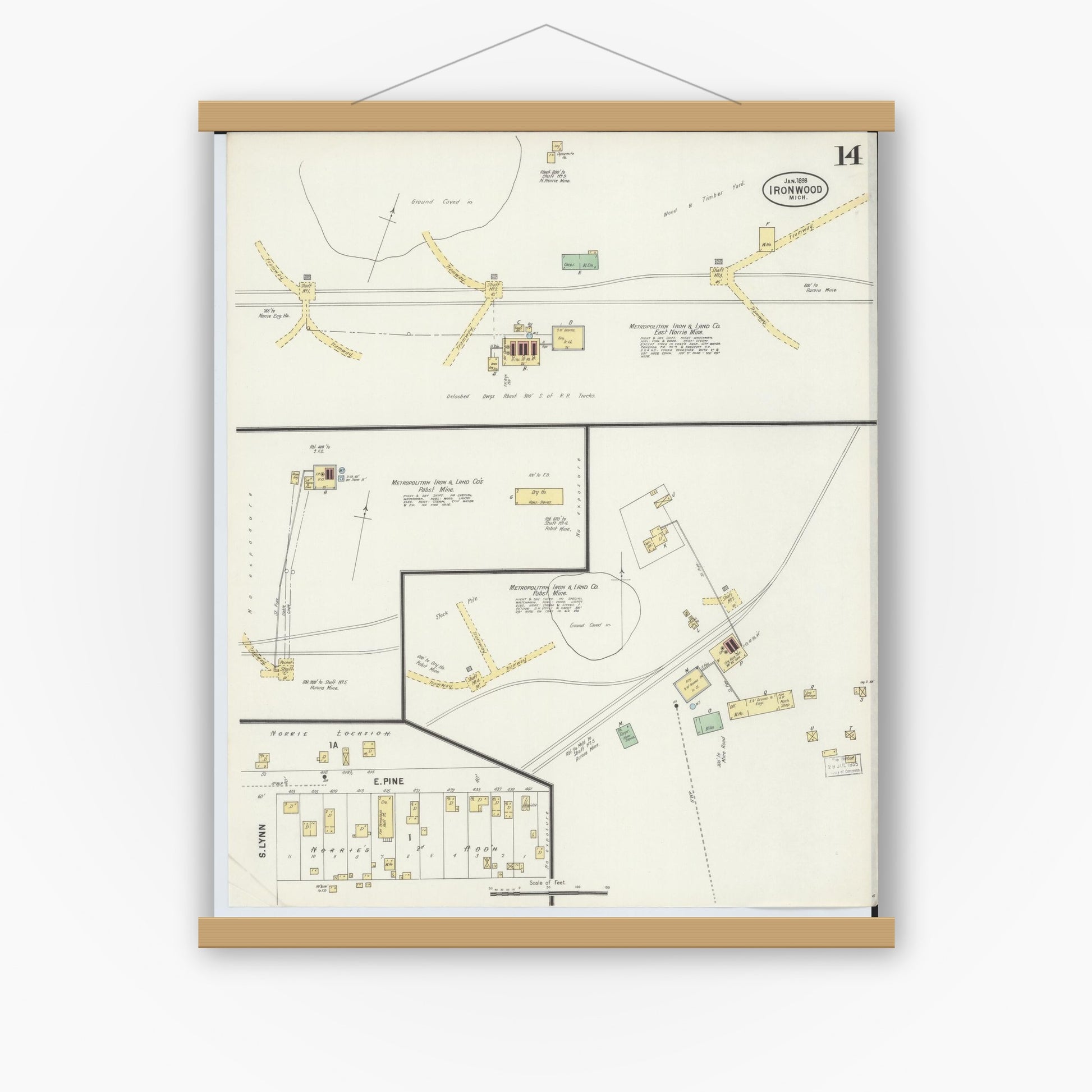 Old map wall art mockup — magnetic wood frame on white wall — Sanborn Fire Insurance Map from Ironwood, Gogebic County, Michigan (1898), Sheet #0014