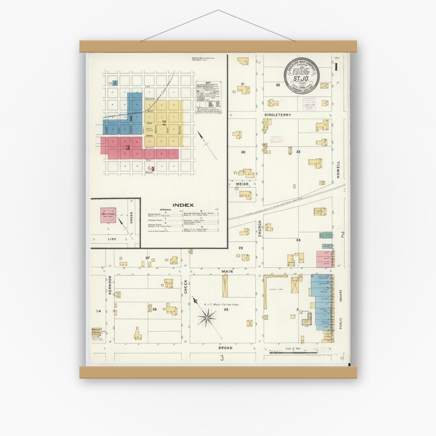 Old map wall art mockup — magnetic wood frame on white wall — Sanborn Fire Insurance Map from Saint Jo, Montague County, Texas (1908) - Complete Map Set