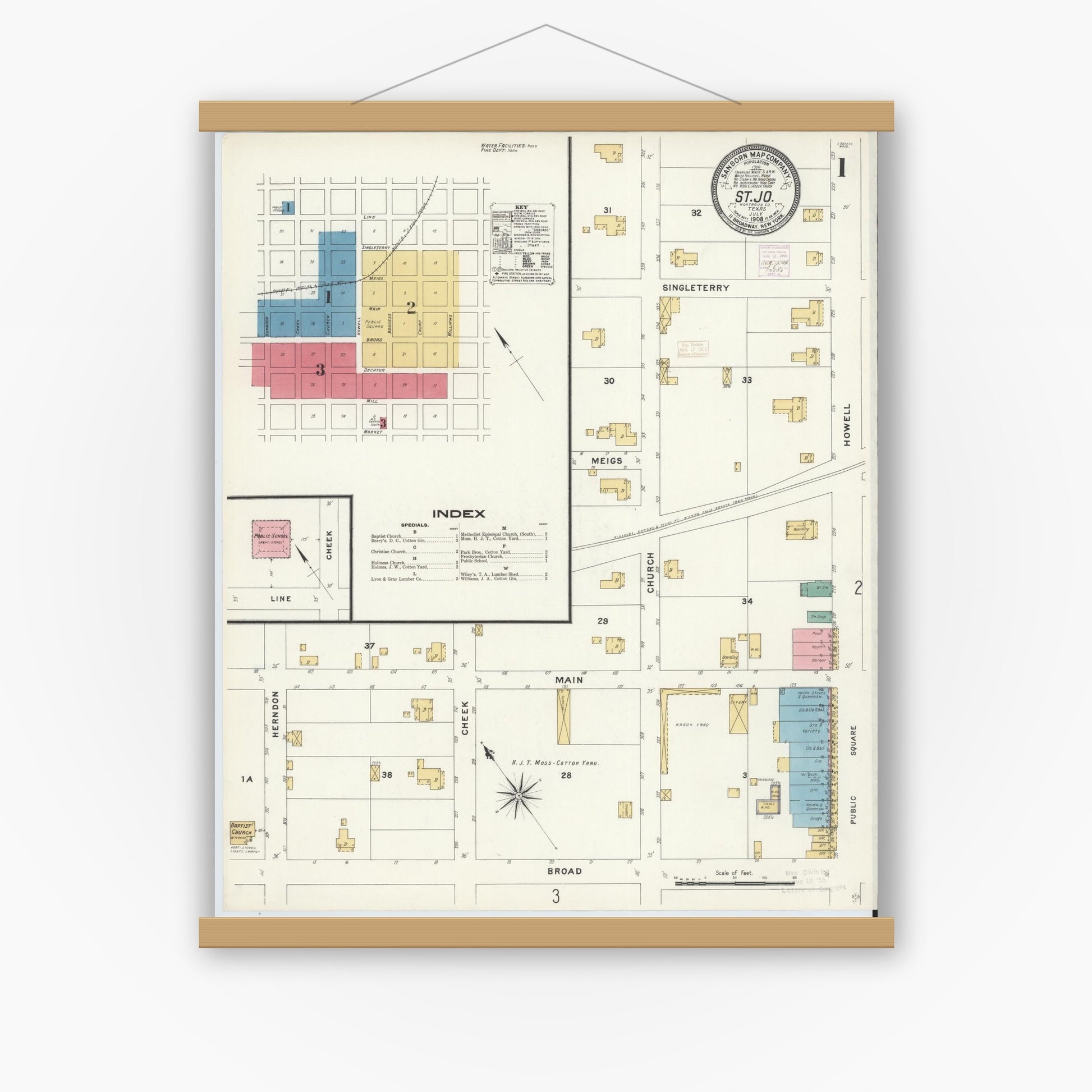 Old map wall art mockup — magnetic wood frame on white wall — Sanborn Fire Insurance Map from Saint Jo, Montague County, Texas (1908) - Complete Map Set