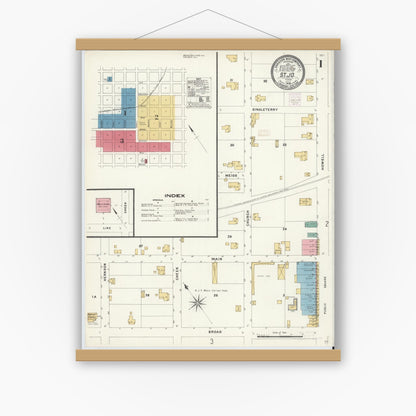 Old map wall art mockup — magnetic wood frame on white wall — Sanborn Fire Insurance Map from Saint Jo, Montague County, Texas (1908) - Complete Map Set