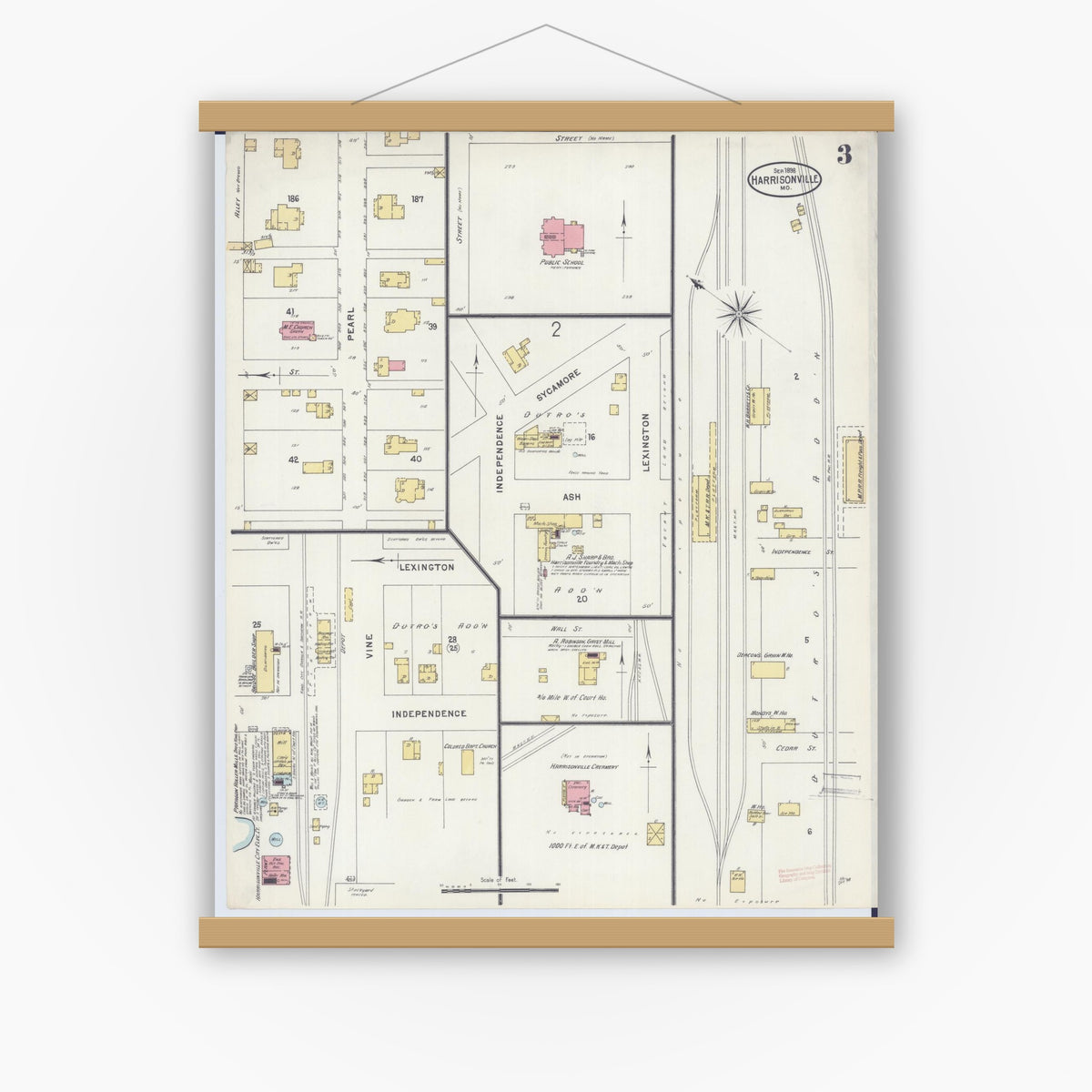 Old map wall art mockup — magnetic wood frame on white wall — Sanborn Fire Insurance Map from Harrisonville, Cass County, Missouri (1898), Sheet #0003