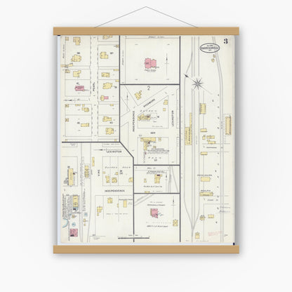 Old map wall art mockup — magnetic wood frame on white wall — Sanborn Fire Insurance Map from Harrisonville, Cass County, Missouri (1898), Sheet #0003