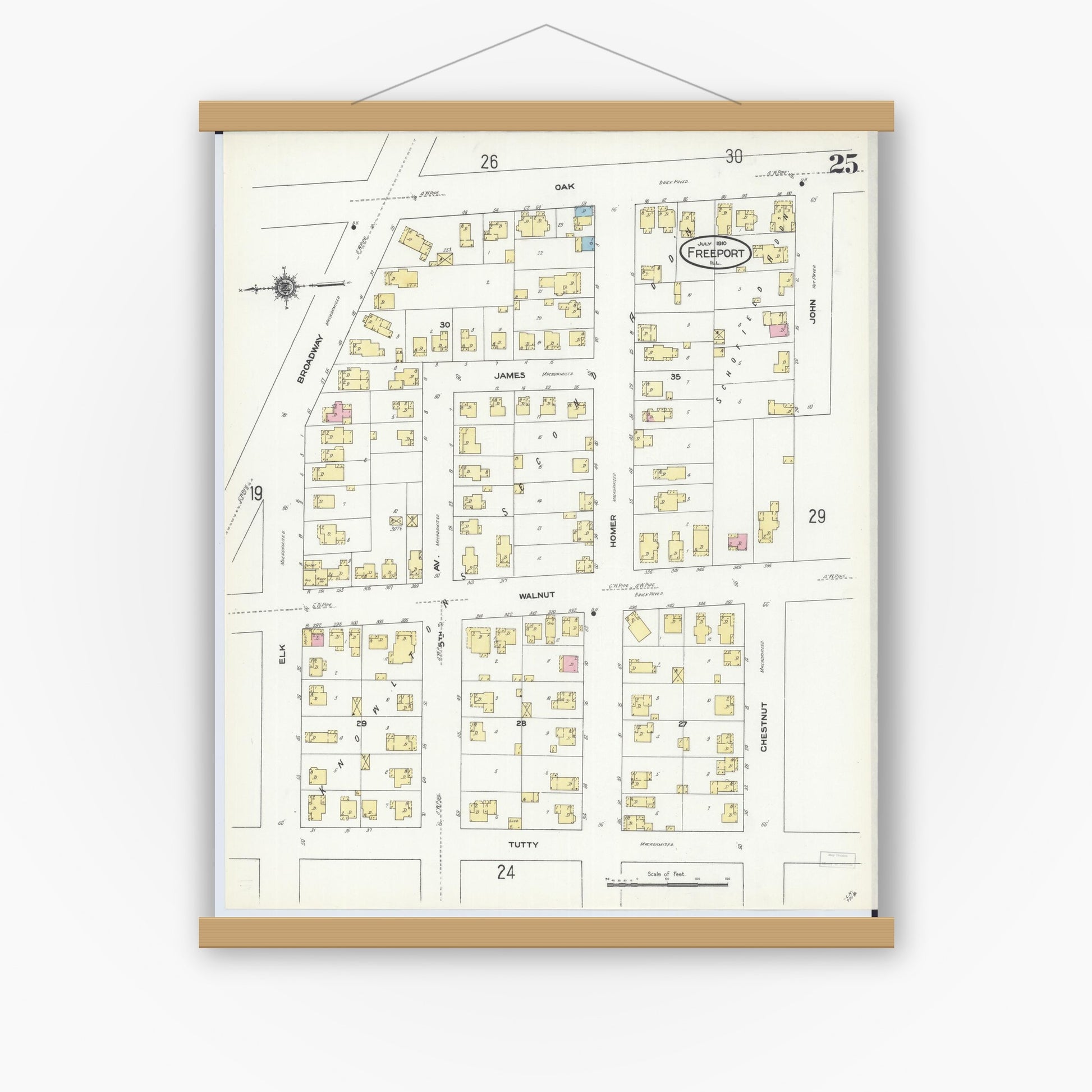 Old map wall art mockup — magnetic wood frame on white wall — Sanborn Fire Insurance Map from Freeport, Stephenson County, Illinois (1910), Sheet #0025