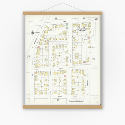 Old map wall art mockup — magnetic wood frame on white wall — Sanborn Fire Insurance Map from Freeport, Stephenson County, Illinois (1910), Sheet #0025