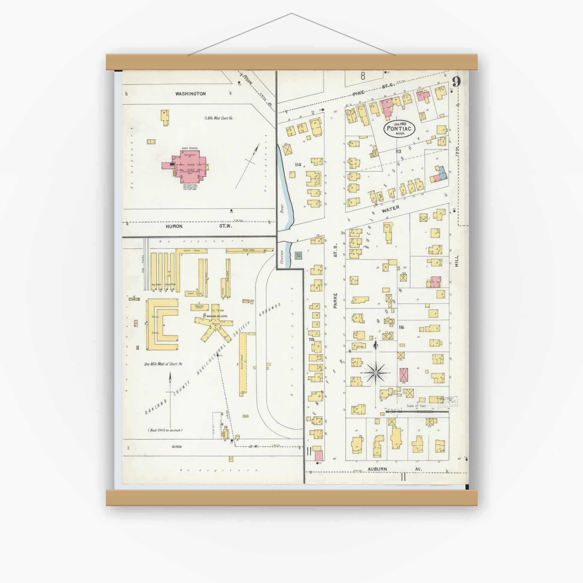Old map wall art mockup — magnetic wood frame on white wall — Sanborn Fire Insurance Map from Pontiac, Oakland County, Michigan (1903), Sheet #0009