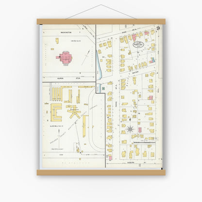Old map wall art mockup — magnetic wood frame on white wall — Sanborn Fire Insurance Map from Pontiac, Oakland County, Michigan (1903), Sheet #0009