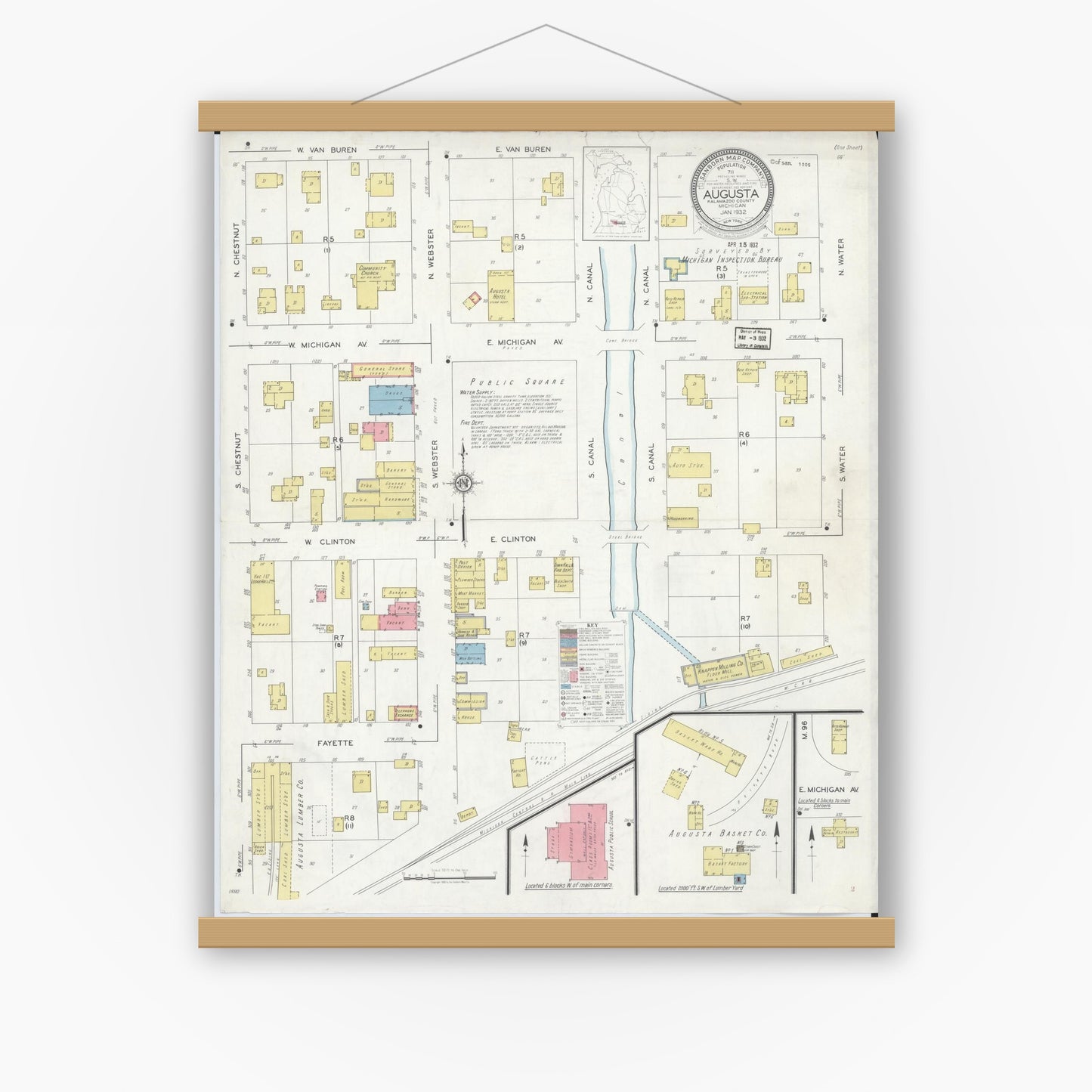 Old map wall art mockup — magnetic wood frame on white wall — Sanborn Fire Insurance Map from Augusta, Kalamazoo County, Michigan (1932), Sheet #0001