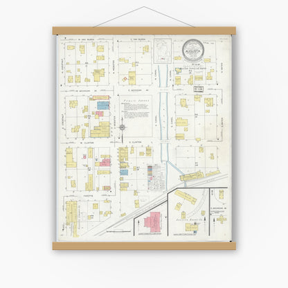Old map wall art mockup — magnetic wood frame on white wall — Sanborn Fire Insurance Map from Augusta, Kalamazoo County, Michigan (1932), Sheet #0001