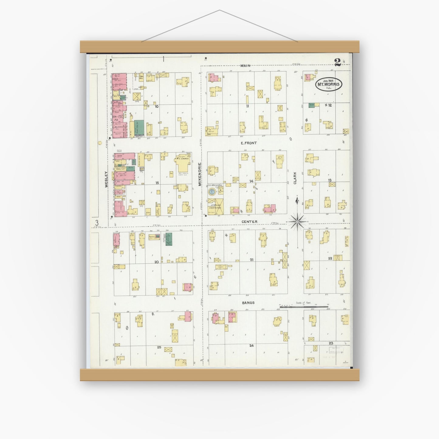 Old map wall art mockup — magnetic wood frame on white wall — Sanborn Fire Insurance Map from Mount Morris, Ogle County, Illinois (1905), Sheet #0002