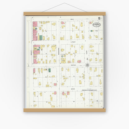 Old map wall art mockup — magnetic wood frame on white wall — Sanborn Fire Insurance Map from Mount Morris, Ogle County, Illinois (1905), Sheet #0002