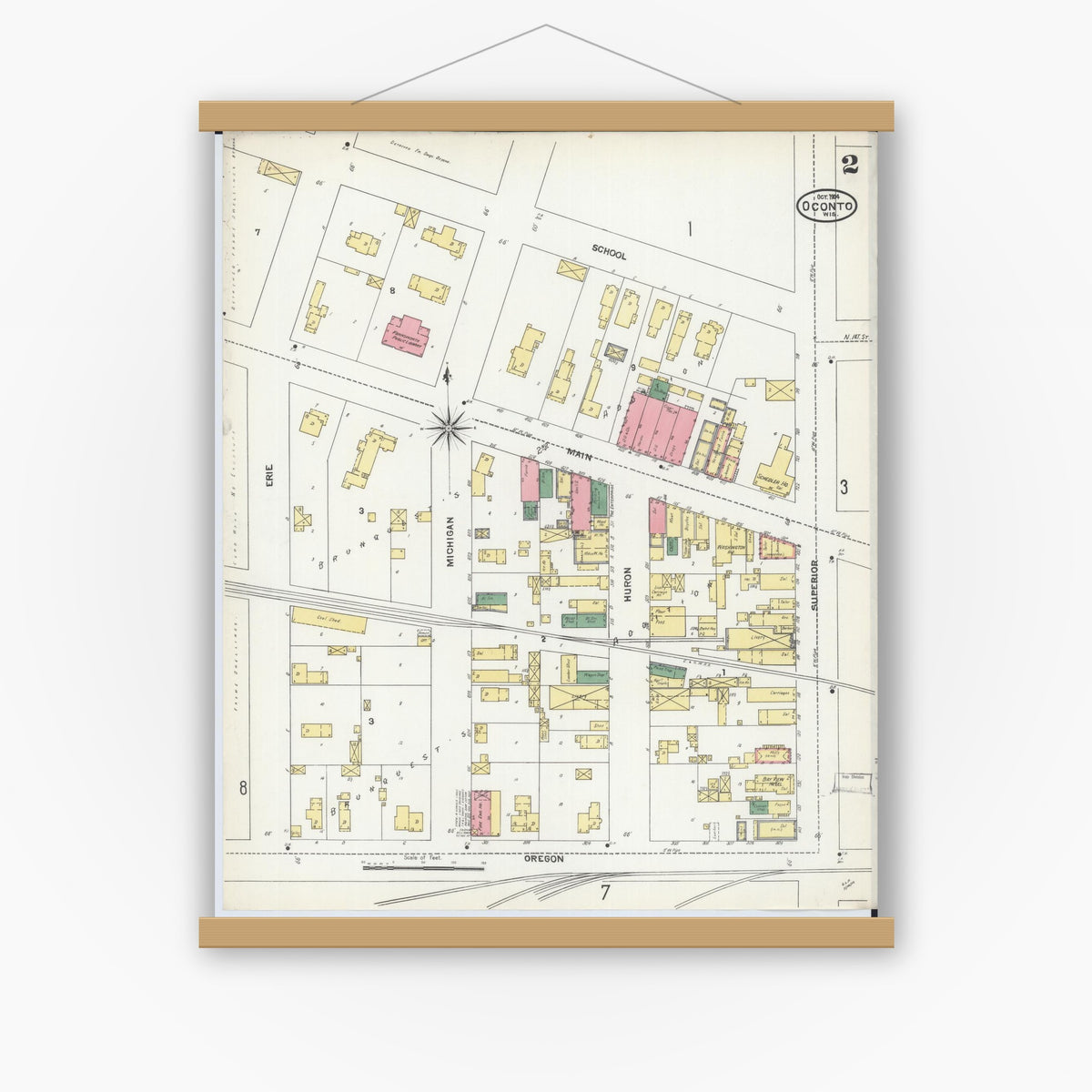 Old map wall art mockup — magnetic wood frame on white wall — Sanborn Fire Insurance Map from Oconto, Oconto County, Wisconsin (1904), Sheet #0002
