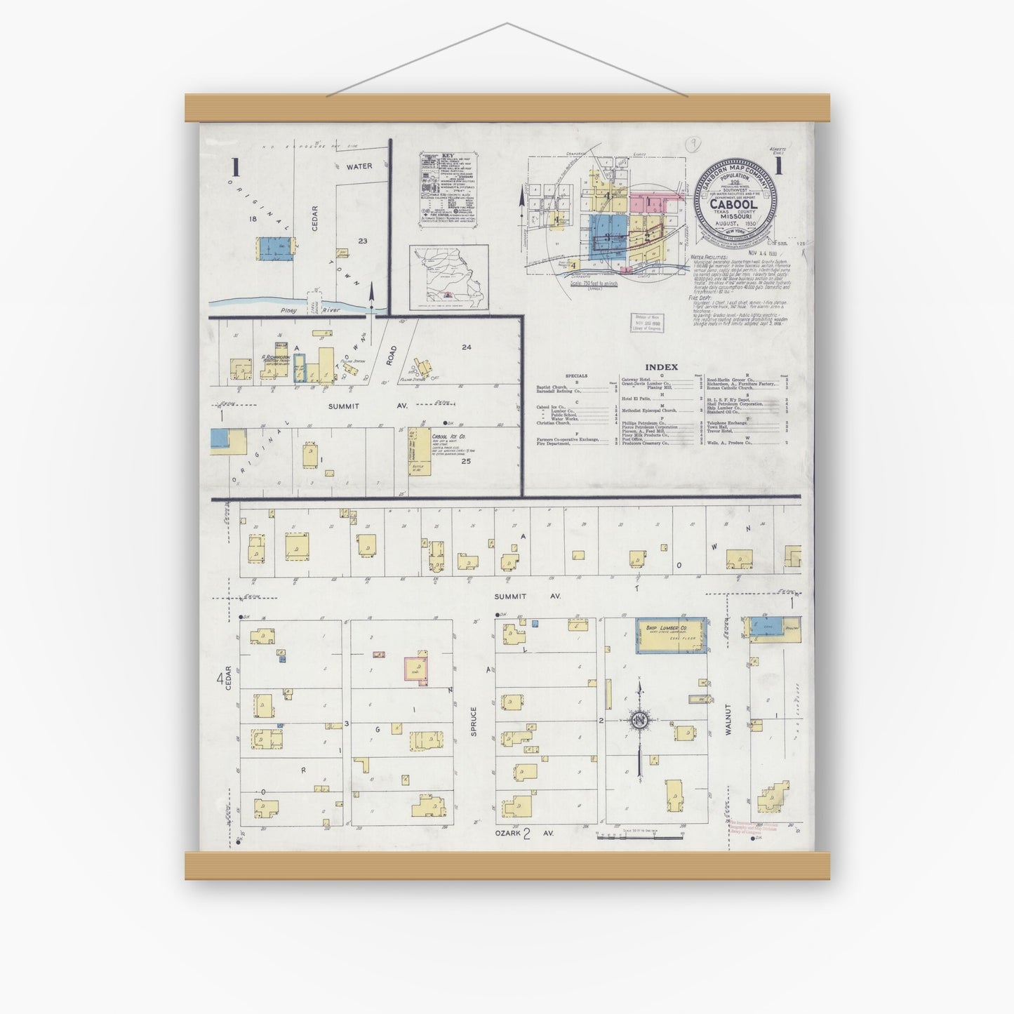 Old map wall art mockup — magnetic wood frame on white wall — Sanborn Fire Insurance Map from Cabool, Texas County, Missouri (1930) - Complete Map Set