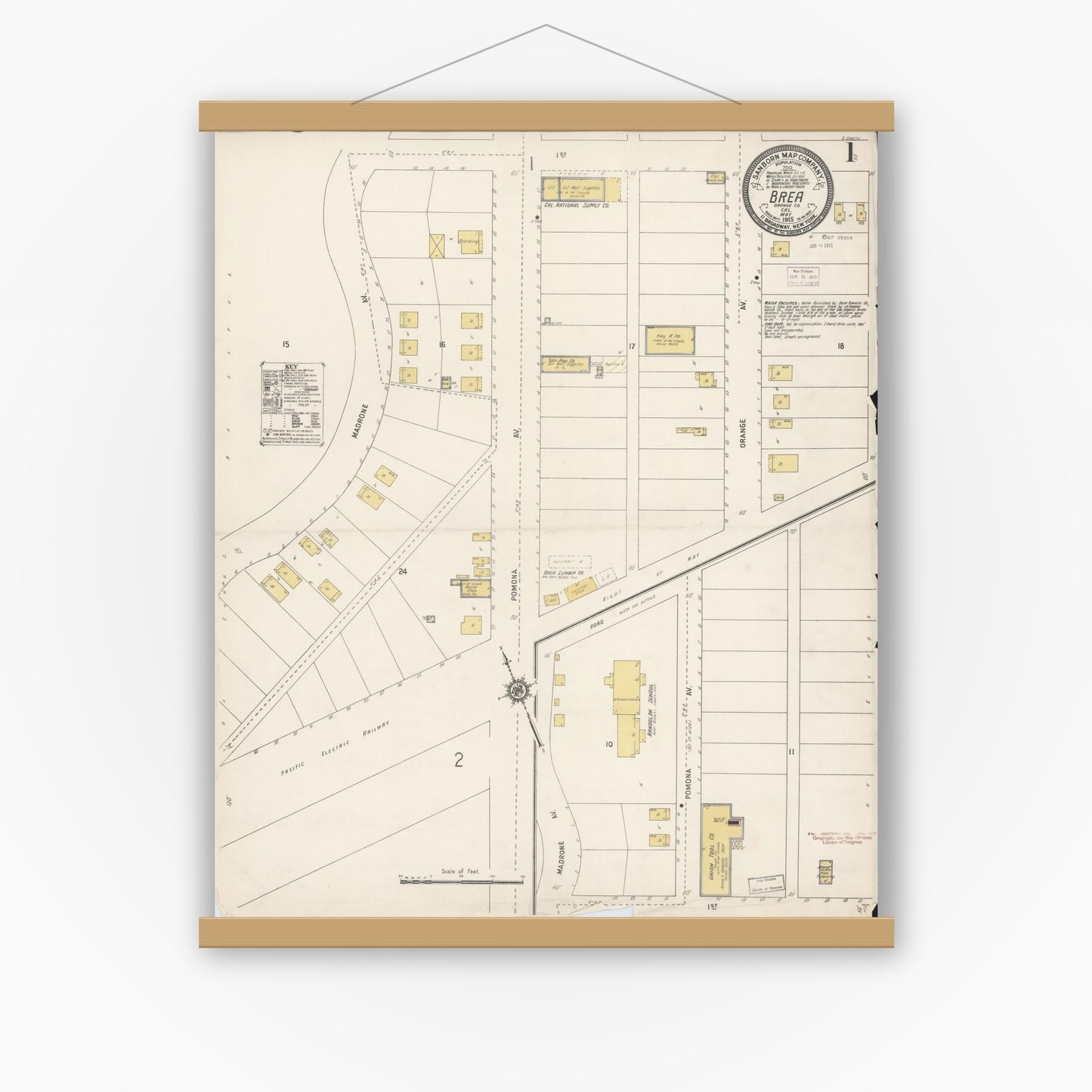Old map wall art mockup — magnetic wood frame on white wall — Sanborn Fire Insurance Map from Brea, Orange County, California (1915) - Complete Map Set