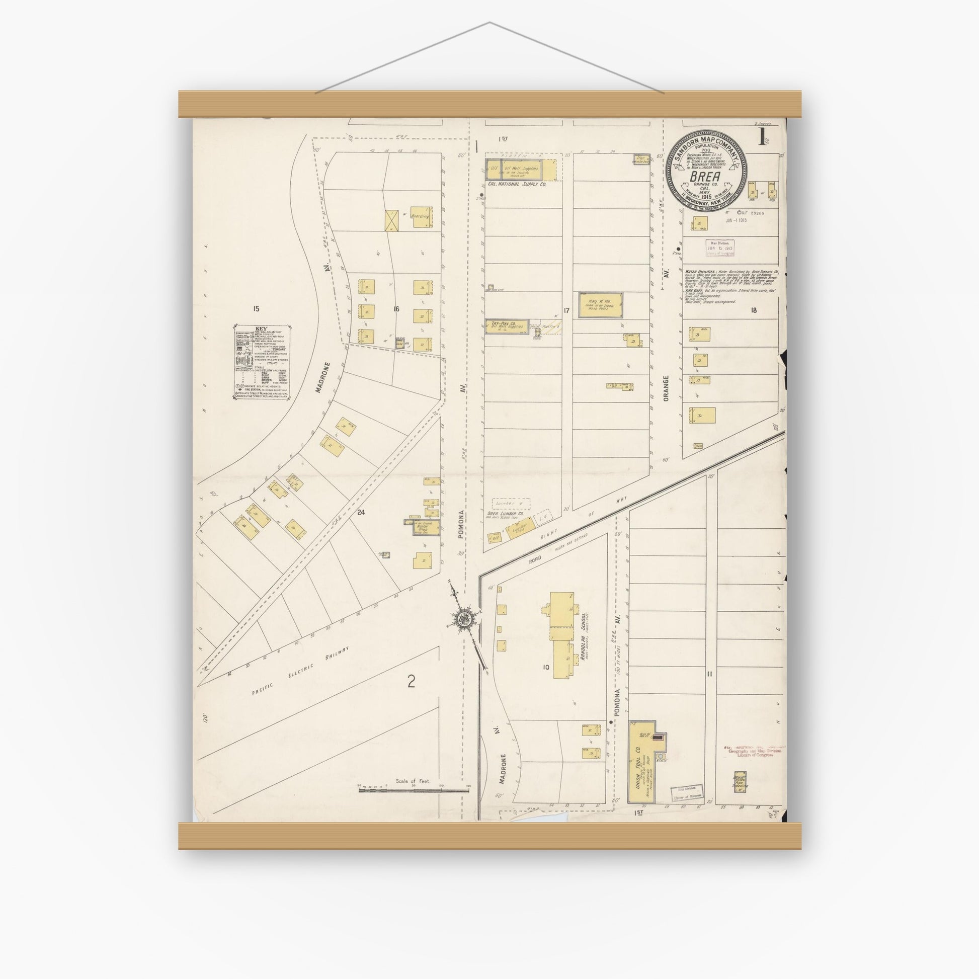 Old map wall art mockup — magnetic wood frame on white wall — Sanborn Fire Insurance Map from Brea, Orange County, California (1915) - Complete Map Set