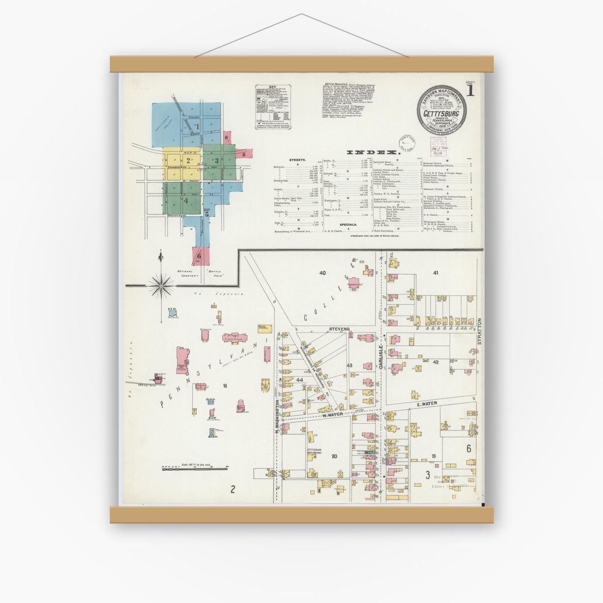Old map wall art mockup — magnetic wood frame on white wall — Sanborn Fire Insurance Map from Gettysburg, Adams County, Pennsylvania (1902), Sheet #0001