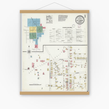 Old map wall art mockup — magnetic wood frame on white wall — Sanborn Fire Insurance Map from Gettysburg, Adams County, Pennsylvania (1902), Sheet #0001