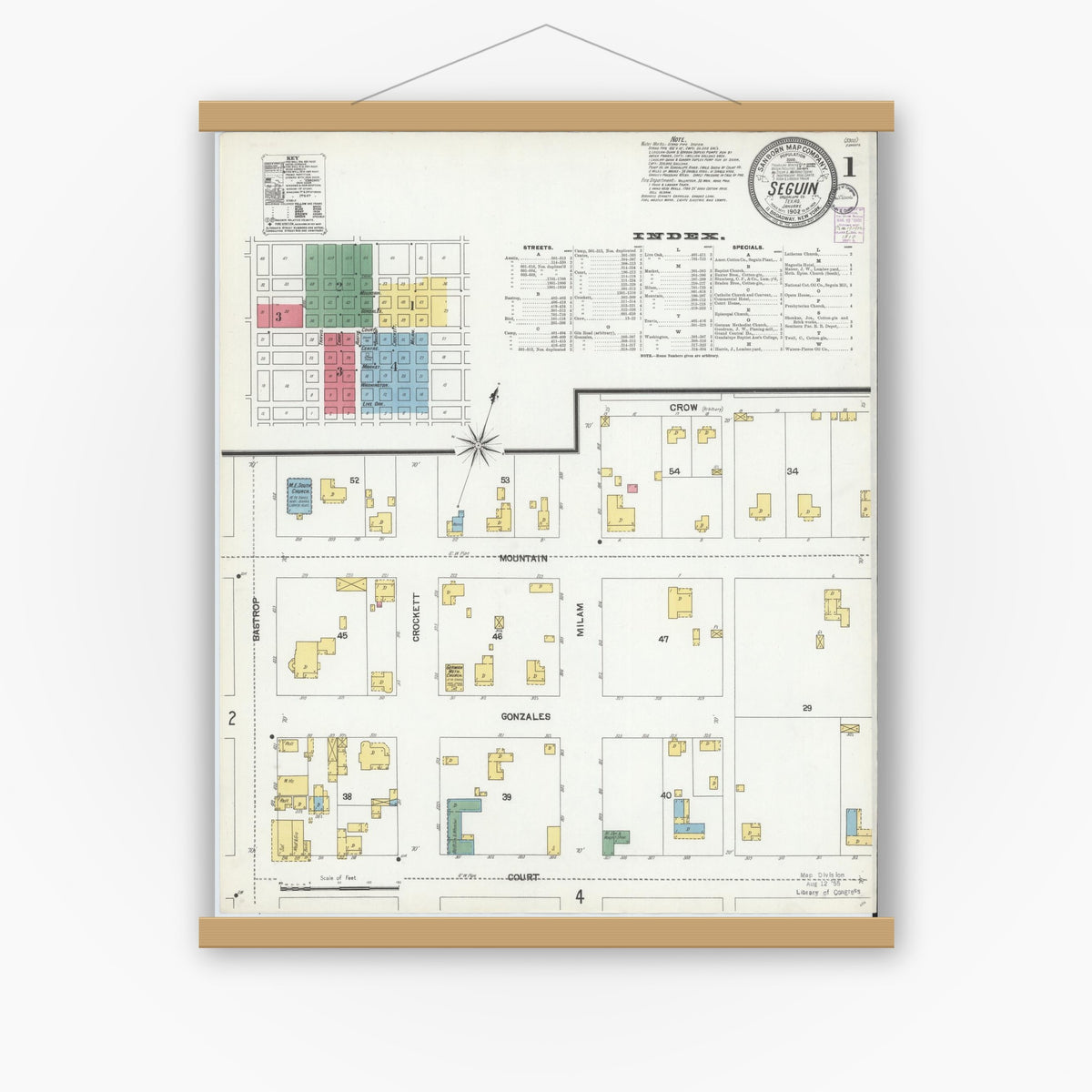 Old map wall art mockup — magnetic wood frame on white wall — Sanborn Fire Insurance Map from Seguin, Guadalupe County, Texas (1902) - Complete Map Set
