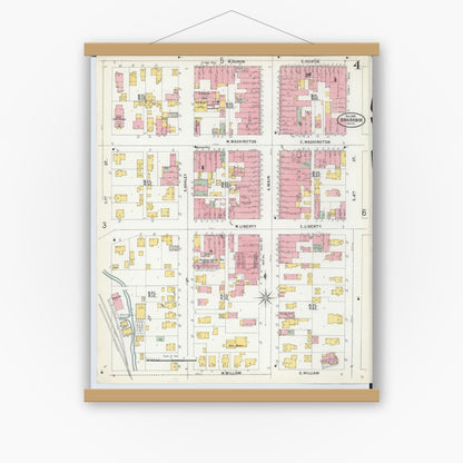 Old map wall art mockup — magnetic wood frame on white wall — Sanborn Fire Insurance Map from Ann Arbor, Washtenaw County, Michigan (1899), Sheet #0004