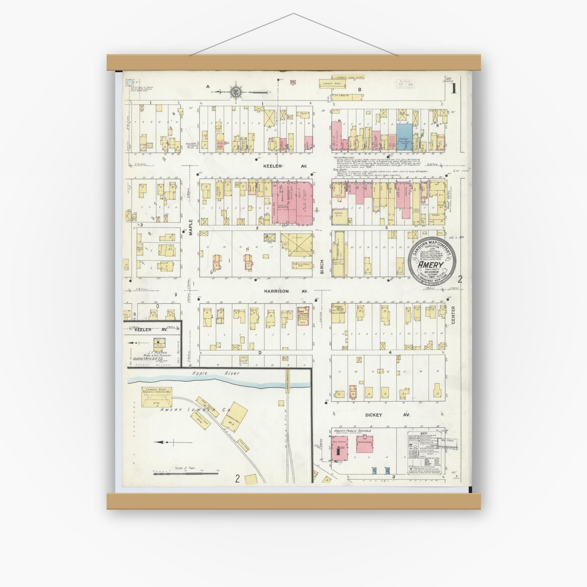 Old map wall art mockup — magnetic wood frame on white wall — Sanborn Fire Insurance Map from Amery, Polk County, Wisconsin (1911), Sheet #0001